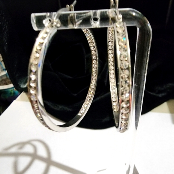 Stainless Steel In & Out Diamond Hoop Earrings - Picture 4 of 9